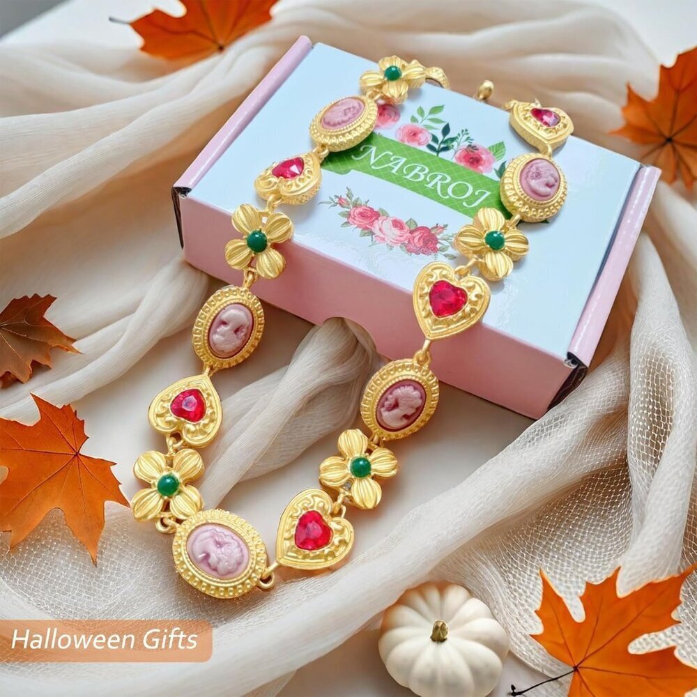 Chunky Y2K Jewelry Gold Necklace Red Heart Charm Colorful Vintage Collar - Picture 3 of 9